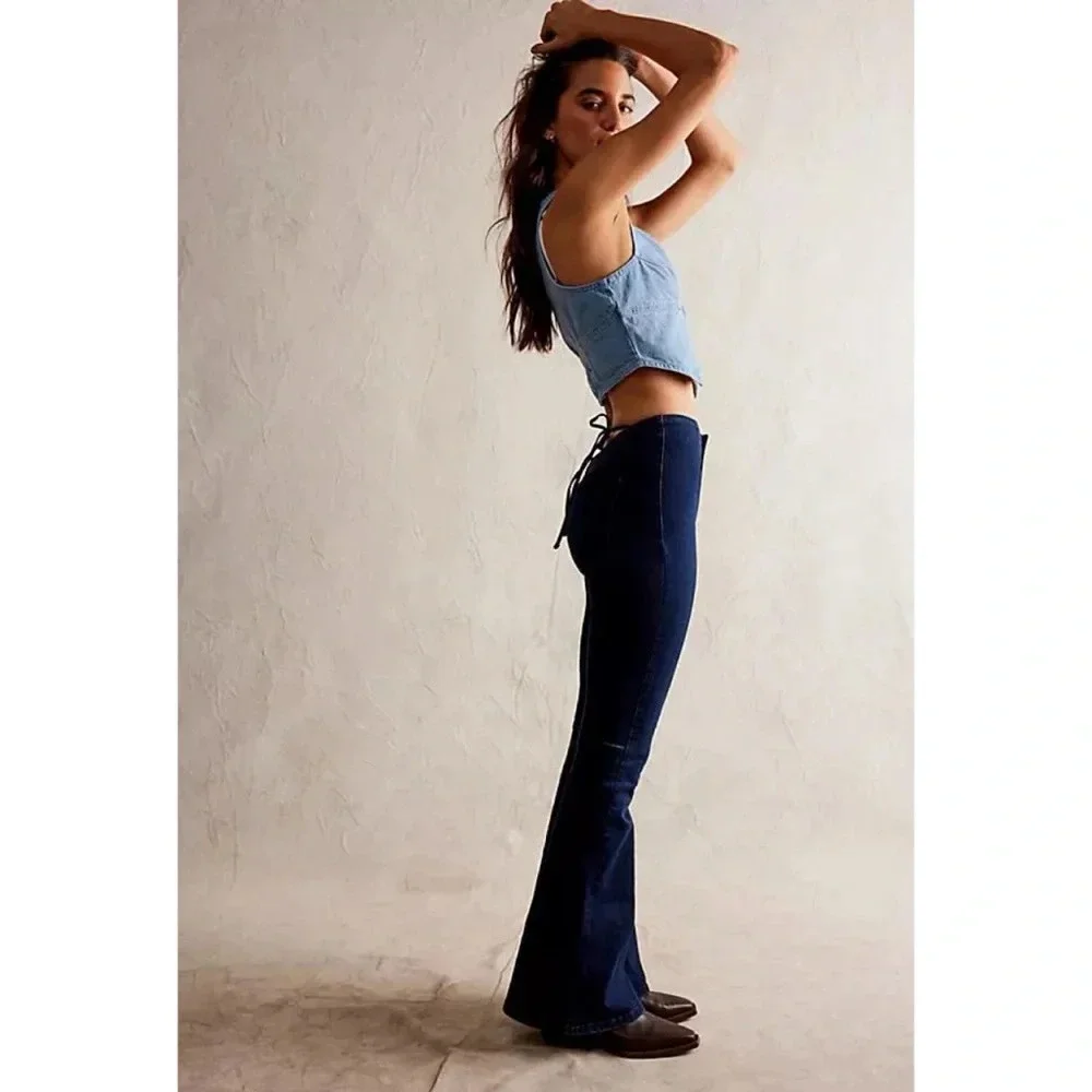 NWT Free People Tie Back Flare Jeans Dark Blue 29